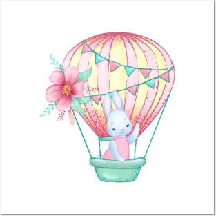 cute bunny on a pink hot air balloon Posters and Art